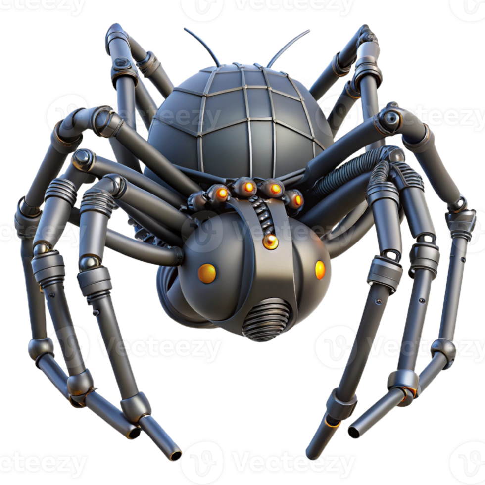 vibrant modern A giant robotic spider weaving a web of fiber optic cables, dark and ominous lighting, industrial setting 4K png
