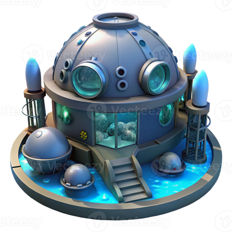 beautiful modern An underwater research facility with large viewing domes, deep ocean environment, bioluminescent lighting professional png