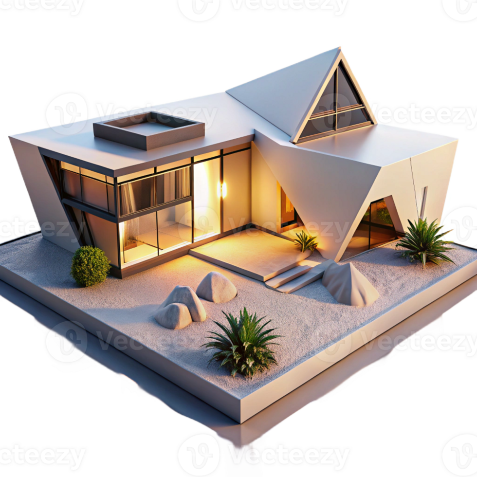 wonderful abstract Ultramodern desert villa, sharp angles, reflective surfaces, sunset lighting, minimalist style, drone shot perspective, detailed png