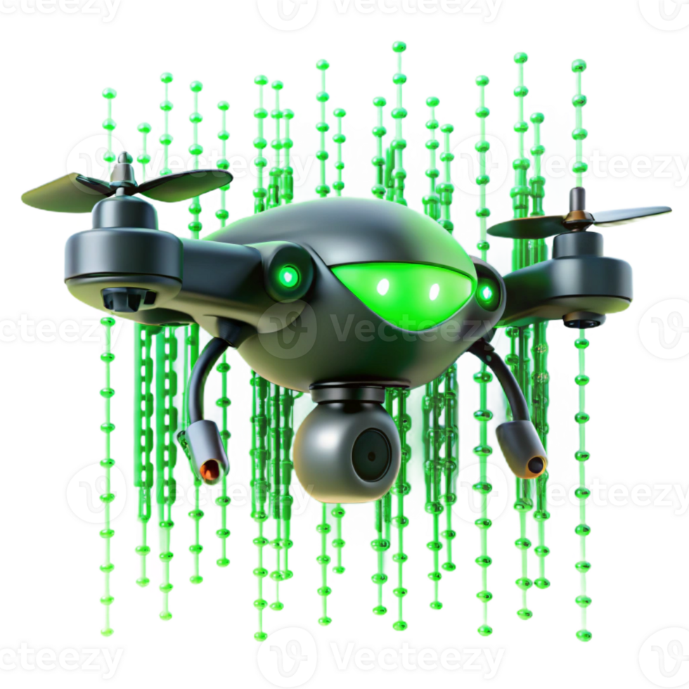wonderful artistic A solitary drone hovering against a backdrop of binary code raining down, cyberpunk aesthetic, neon green lighting professional png