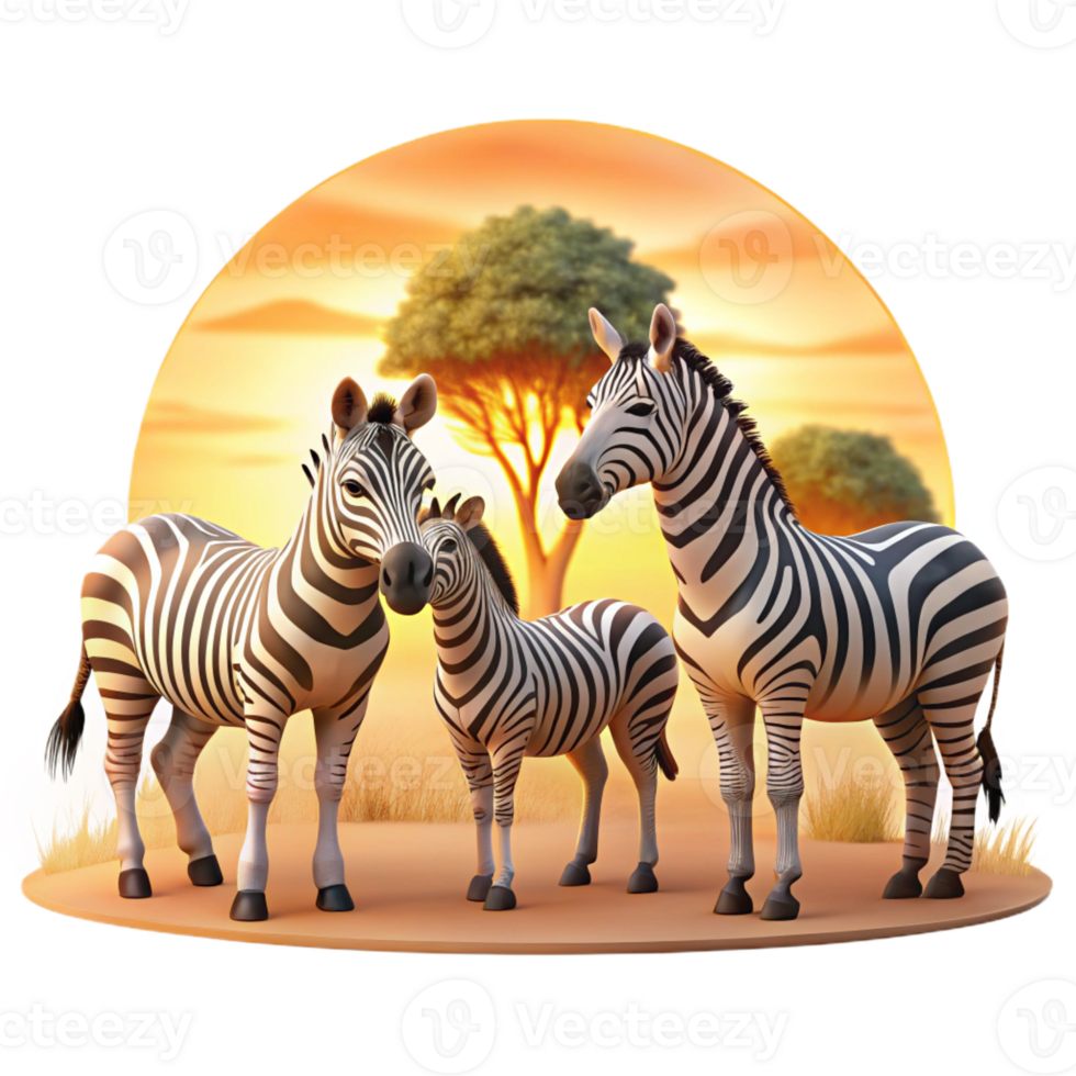 impressive modern A group of zebras grazing in the African savanna, warm sunset lighting, wildlife photography style high resolution png