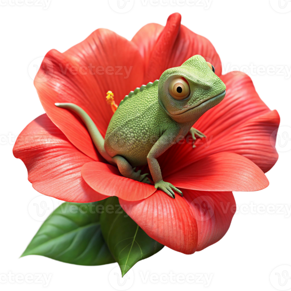 elegant minimalist A chameleon perched on a bright red hibiscus flower, its skin perfectly camouflaged, captured in macro photography with intricate details 4K png