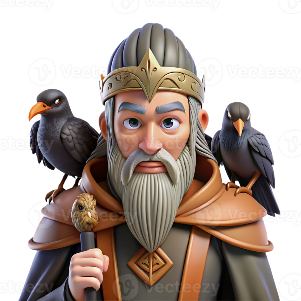 stunning traditional A wise Odin with his ravens Huginn and Muninn perched on his shoulders, depicted in a Viking art style genuine png