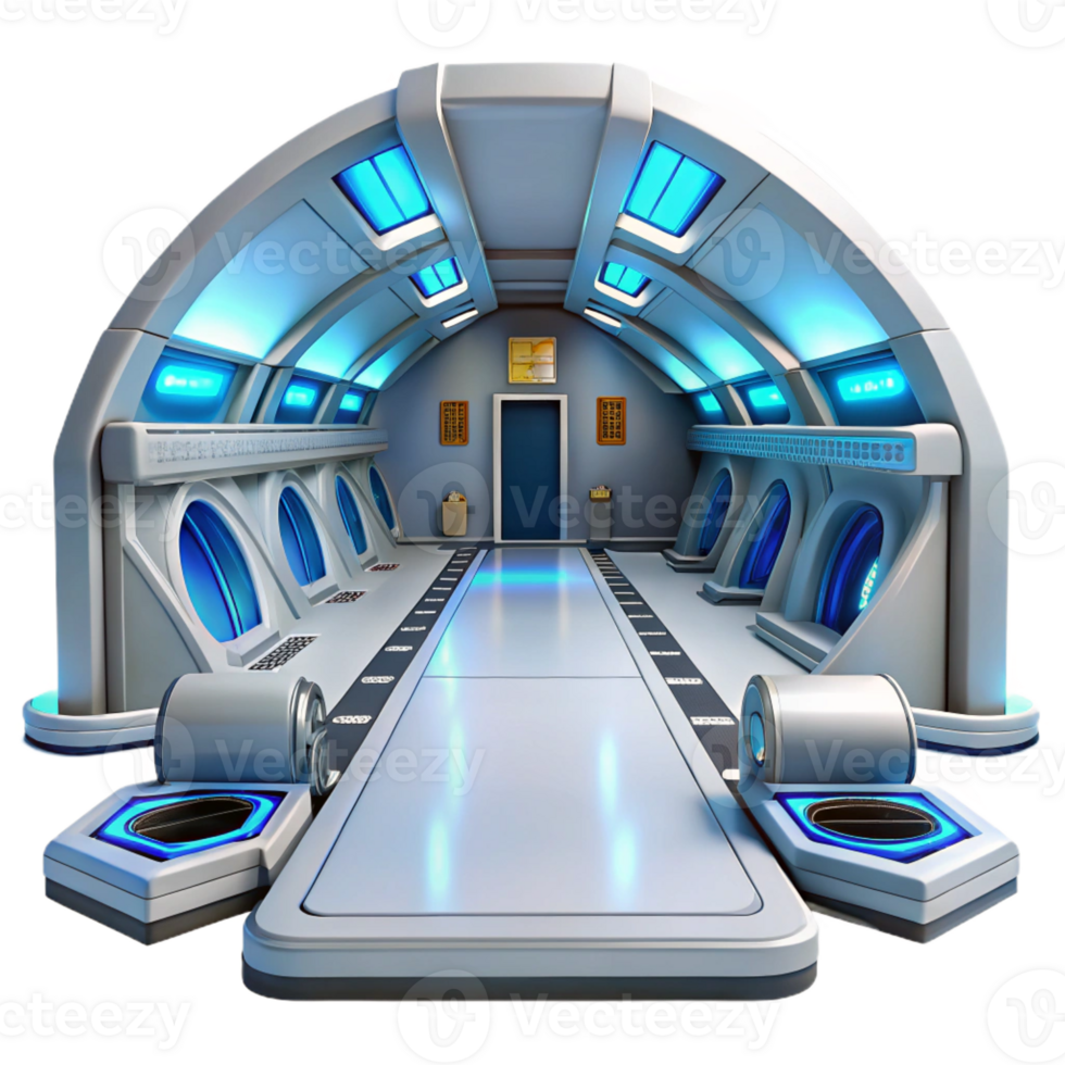 extraordinary classic A futuristic space station, sleek white corridors, glowing blue panels, sterile, minimalist style authentic png