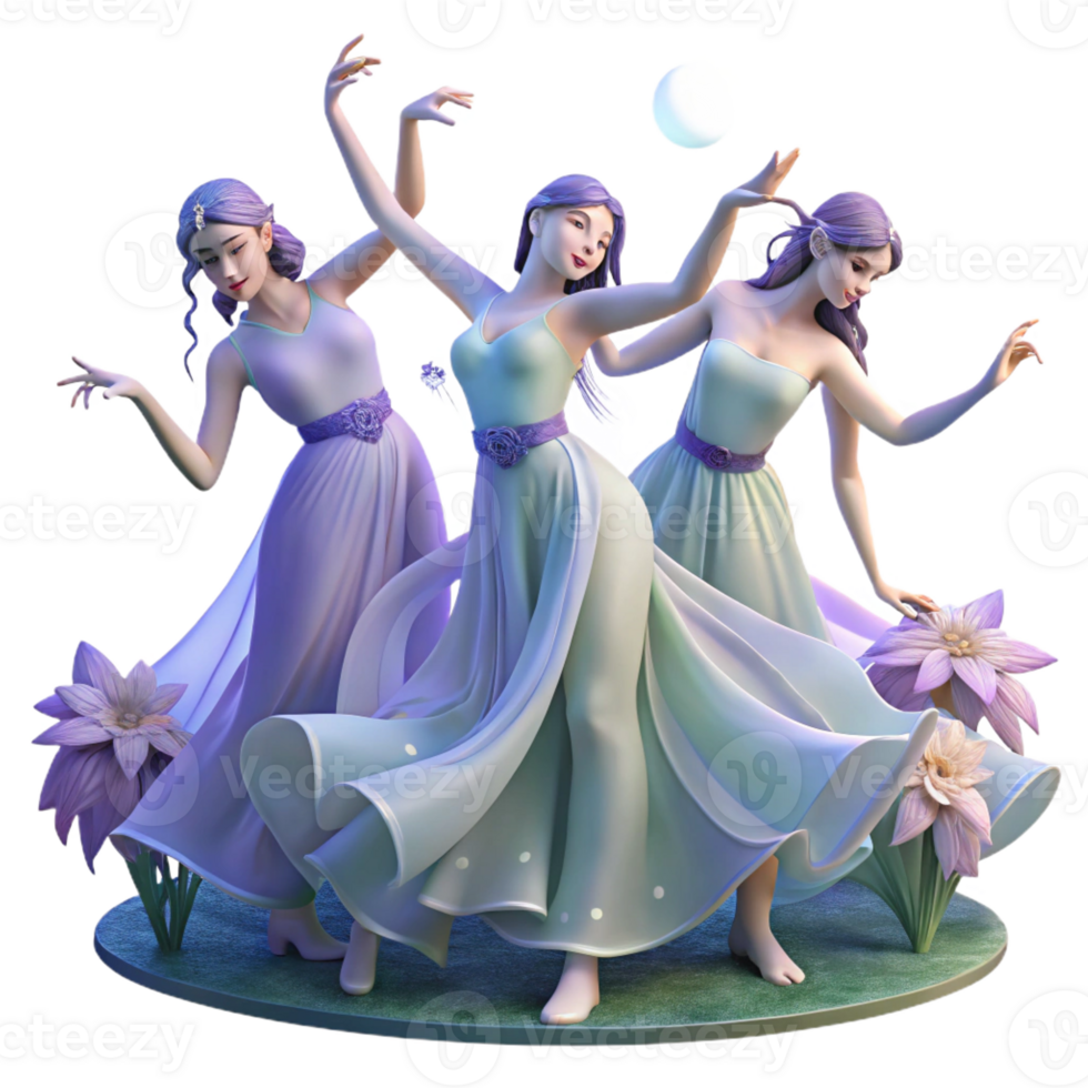 serene creative A group of nymphs dancing in a moonlit meadow, flowing gowns, ethereal and dreamlike, Art Nouveau style high quality png