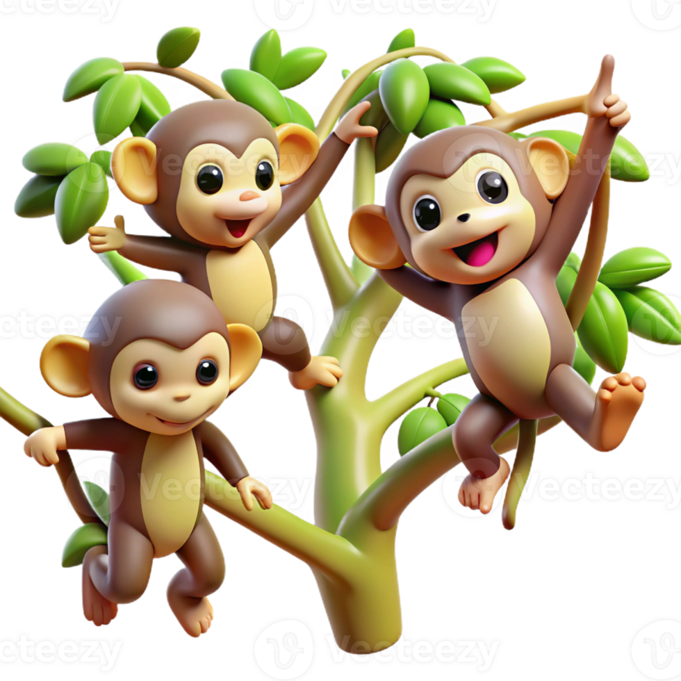 impressive rustic A group of playful monkeys swinging through the branches of a lush rainforest, illuminated by dappled sunlight, in a vibrant cartoon style high quality png