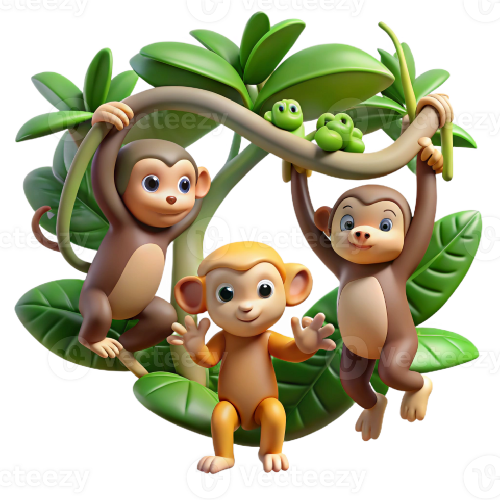extraordinary classic A group of playful monkeys swinging through the branches of a lush rainforest, illuminated by dappled sunlight, in a vibrant cartoon style 4K png