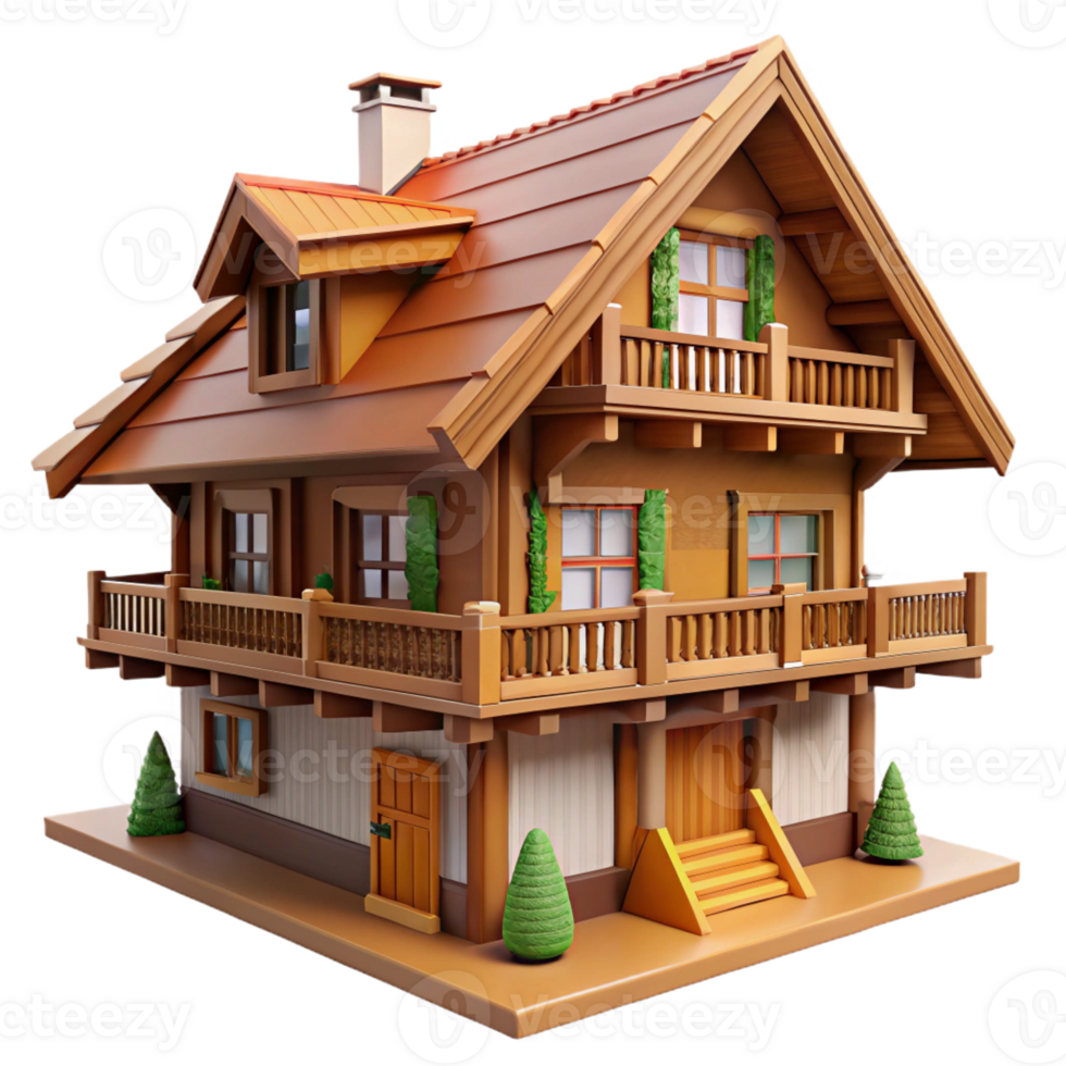 beautiful creative A Swiss chalet, wooden balconies, snow-capped mountains in the background, picturesque, idyllic style high quality png