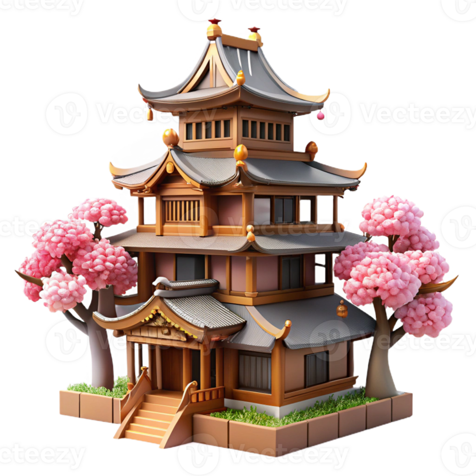 stunning artistic A traditional Japanese castle, intricate wooden architecture, cherry blossoms in bloom, serene and majestic style high resolution png