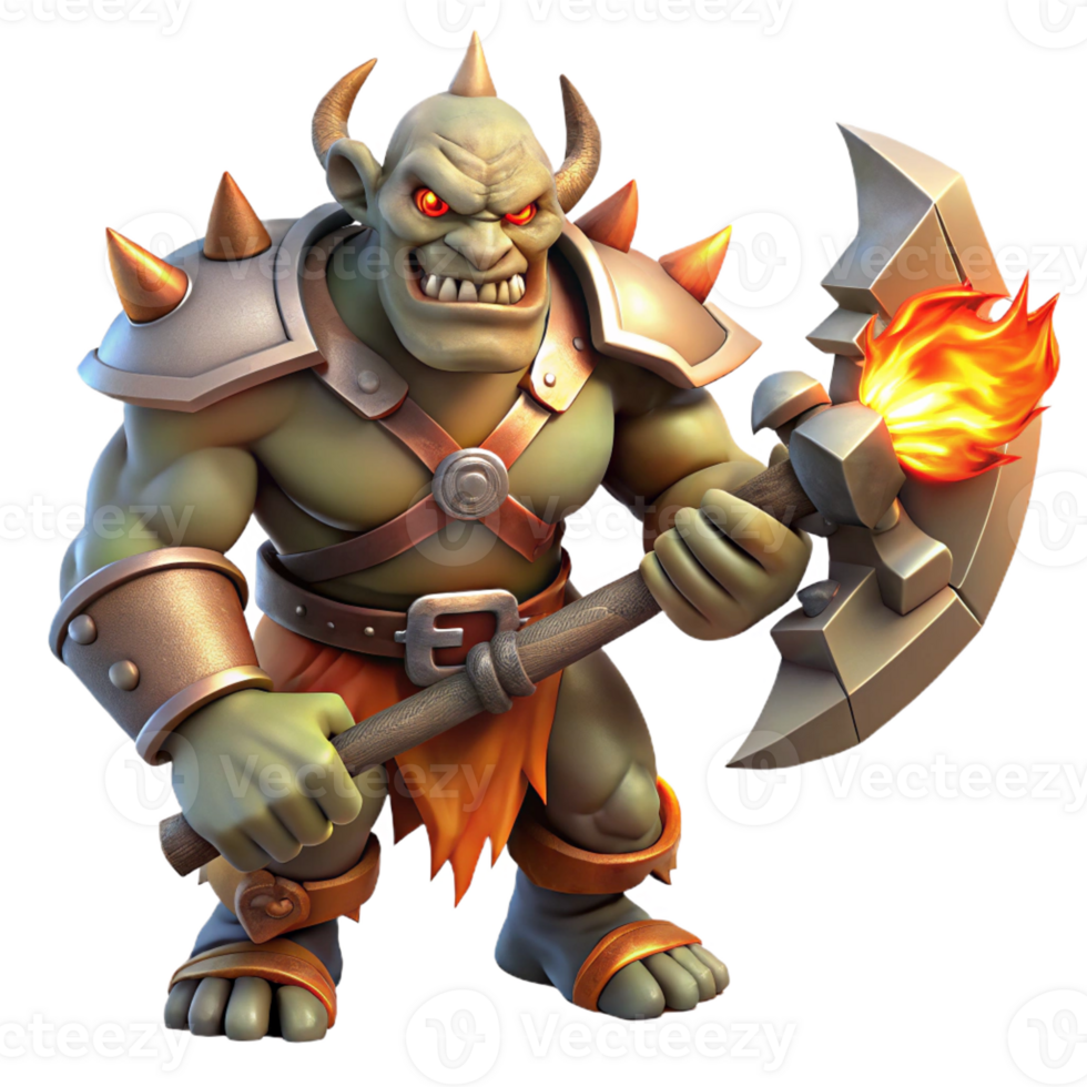 extraordinary modern A fierce orc chieftain wielding a massive axe, fiery battlefield lighting, gritty and dark fantasy style detailed png