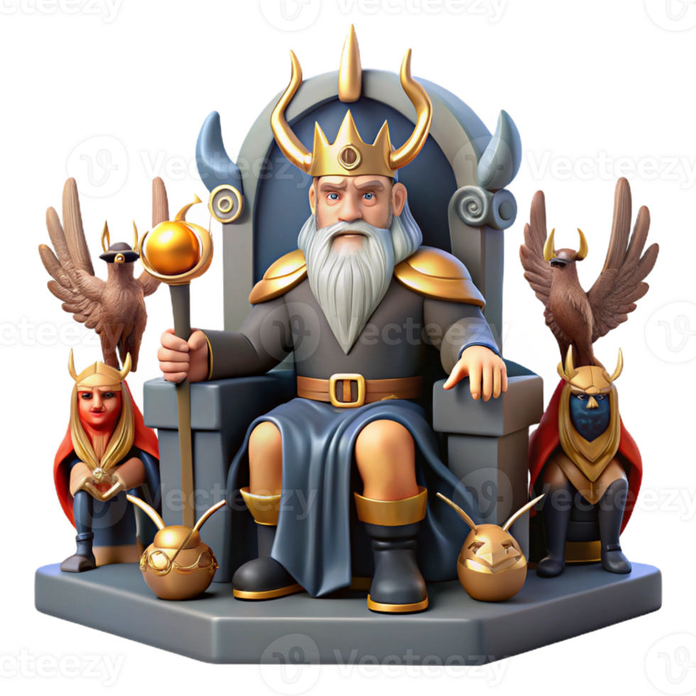 stunning traditional Odin, Allfather of the Norse gods, seated on his throne in Valhalla, surrounded by Valkyries, epic fantasy style original png