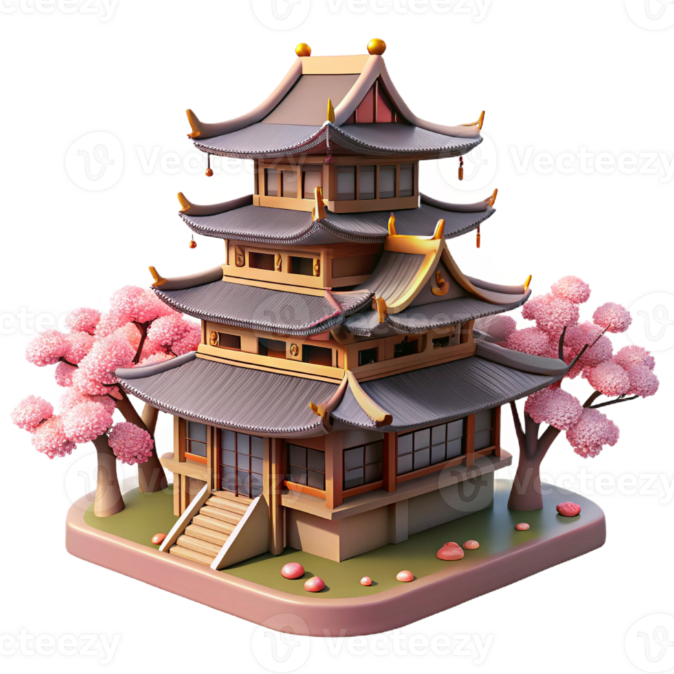 elegant vintage A traditional Japanese castle, intricate wooden architecture, cherry blossoms in the foreground, soft lighting, peaceful atmosphere high quality png