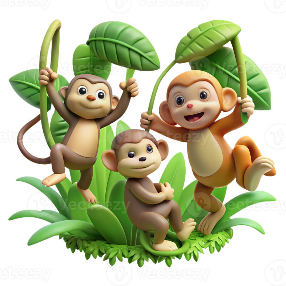 magnificent modern A group of playful monkeys swinging through the jungle, dynamic poses and lush green foliage, cartoon style 4K png