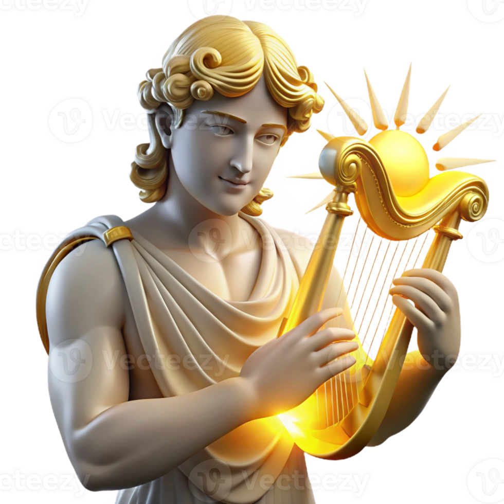 serene minimalist A radiant Apollo playing a lyre, golden light emanating from his figure, rendered in a neoclassical style professional png