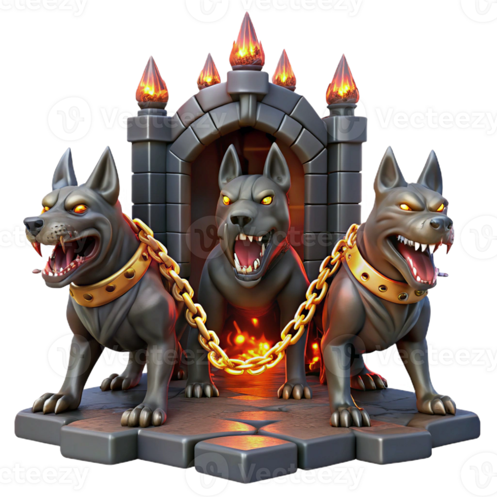wonderful creative A three-headed Cerberus guarding the gates of the underworld, bathed in the flickering light of hellfire, chains made of glowing embers, grim and dark fantasy style original png