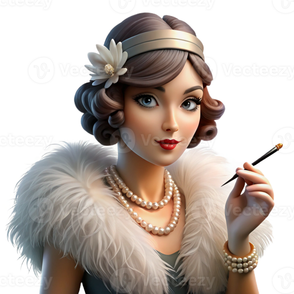 dramatic artistic Portrait of a glamorous 1920s flapper with a feather boa and a cigarette holder, dramatic spotlighting, art deco style high resolution png