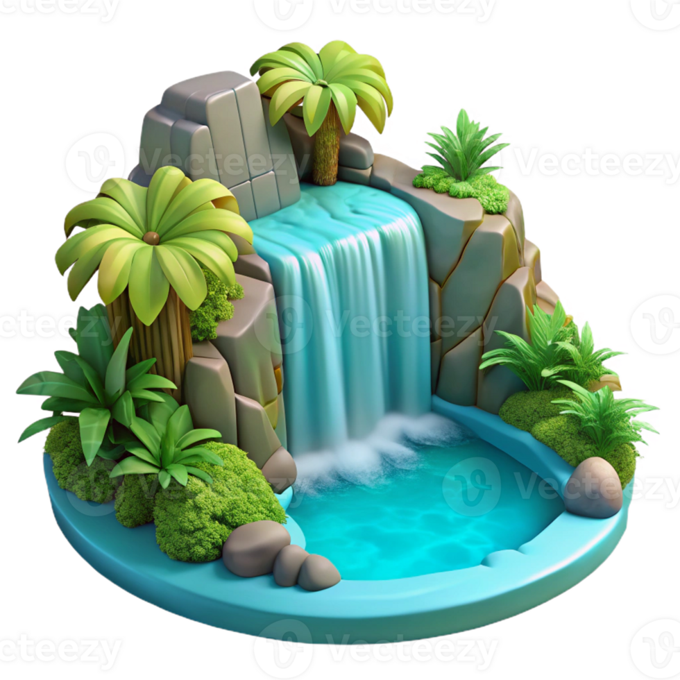 wonderful creative A cascading waterfall plunging into a crystal-clear turquoise pool, surrounded by lush tropical vegetation, in a vibrant, HDR style genuine png