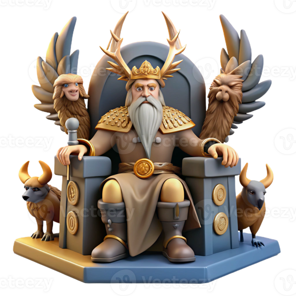 magnificent classic Odin, Allfather of the Norse gods, seated on his throne in Valhalla, surrounded by Valkyries, epic fantasy style genuine png