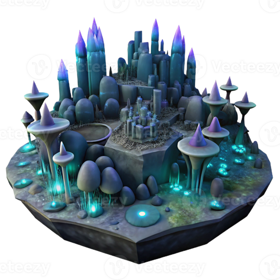 vibrant creative A sprawling subterranean city lit by bioluminescent fungi, dark fantasy, eerie, matte painting, authentic png