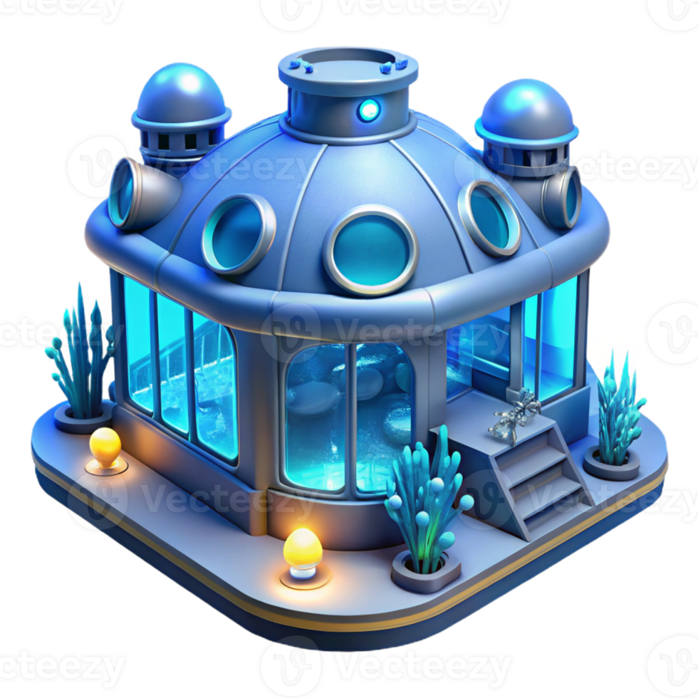 elegant creative An underwater research facility with panoramic windows, bioluminescent creatures outside, sci-fi style, cool blue light, professional png