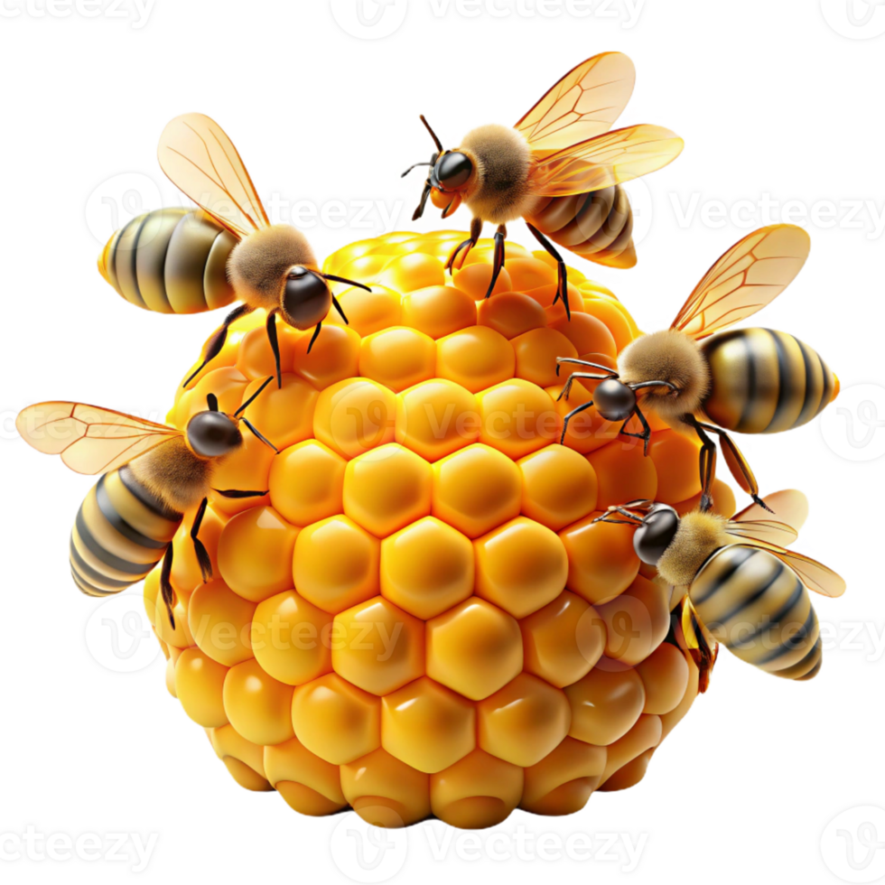 vibrant vintage A swarm of honeybees buzzing around a honeycomb, pollen dusting their furry bodies, captured in macro photography with intricate details high resolution png