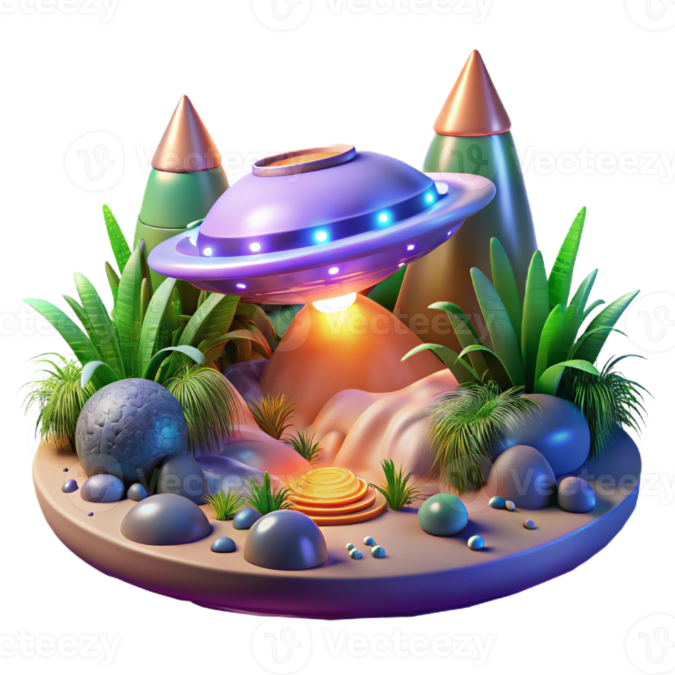 vibrant contemporary A spaceship landing on a lush, alien planet, vibrant, tropical lighting, fantasy art style exclusive png