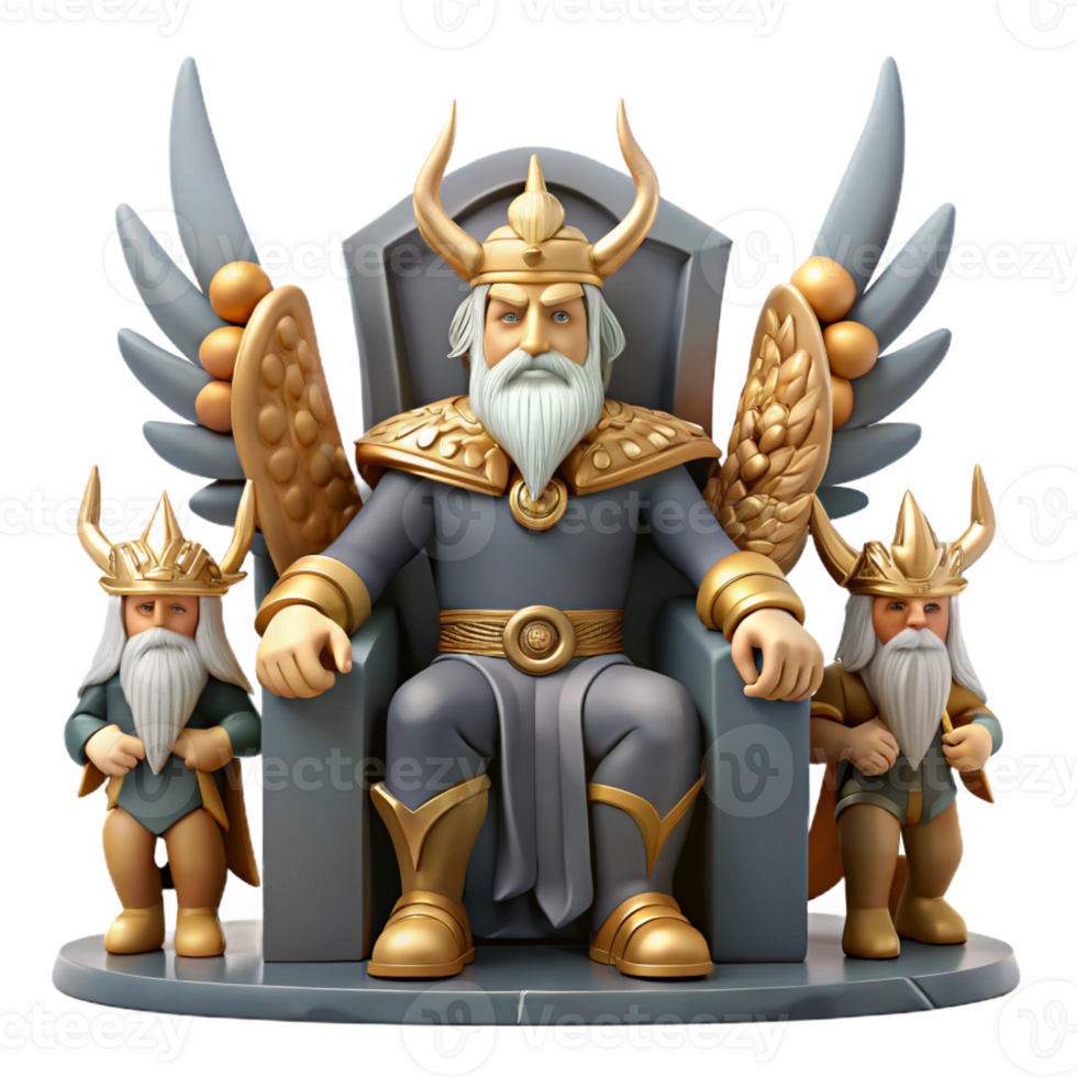 beautiful vintage Odin, the Allfather, seated on his throne in Valhalla, surrounded by Valkyries, epic and grand style original png