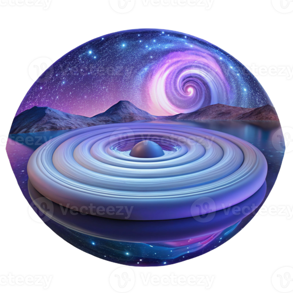 impressive abstract A spiral galaxy reflected in a perfectly still lake, surrealism style, twilight lighting 4K png