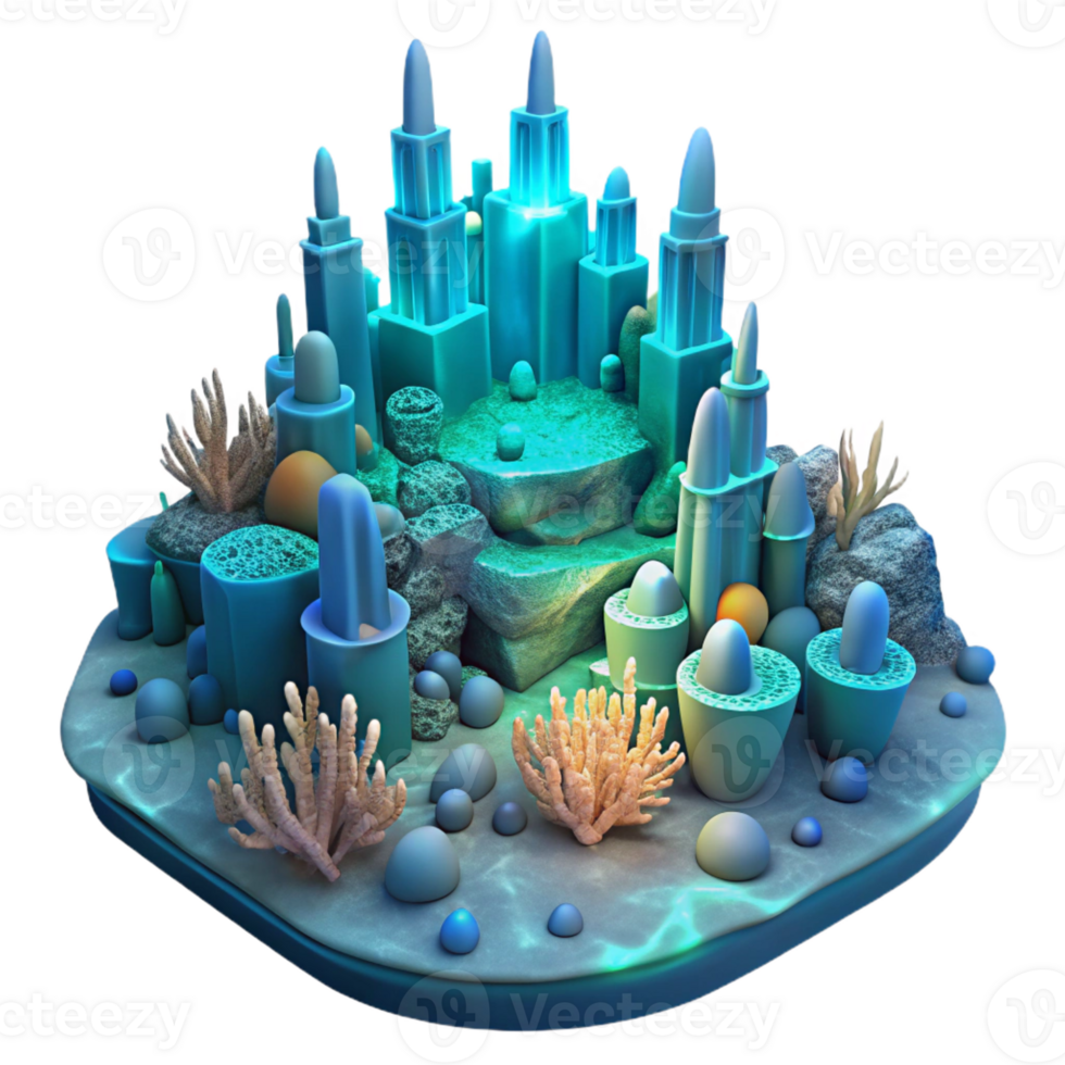 extraordinary minimalist An underwater city built of coral and glowing algae, deep ocean environment, bioluminescent lighting, otherworldly and mysterious 4K png