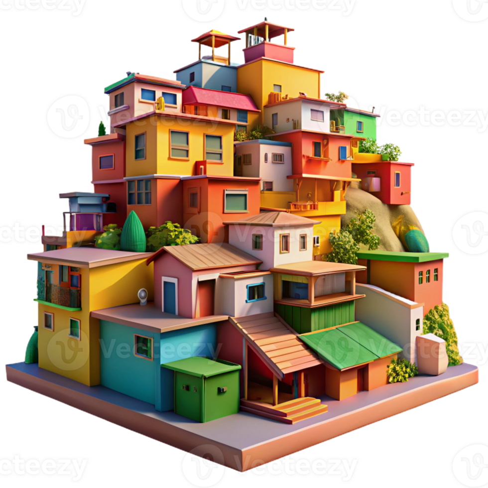 vibrant contemporary A colourful favela built on a hillside, vibrant paint, intricate details, warm sunlight, lively atmosphere exclusive png
