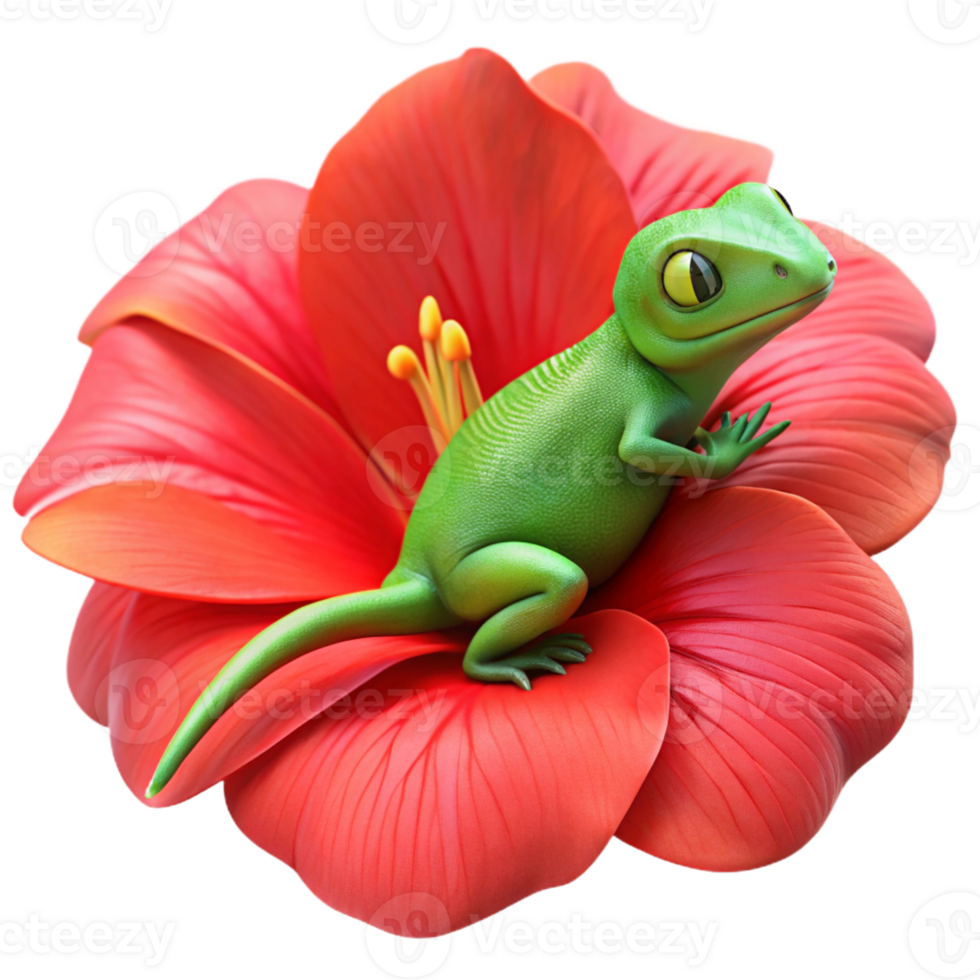 impressive traditional A chameleon perched on a bright red hibiscus, vibrant colours, macro photography, shallow depth of field genuine png