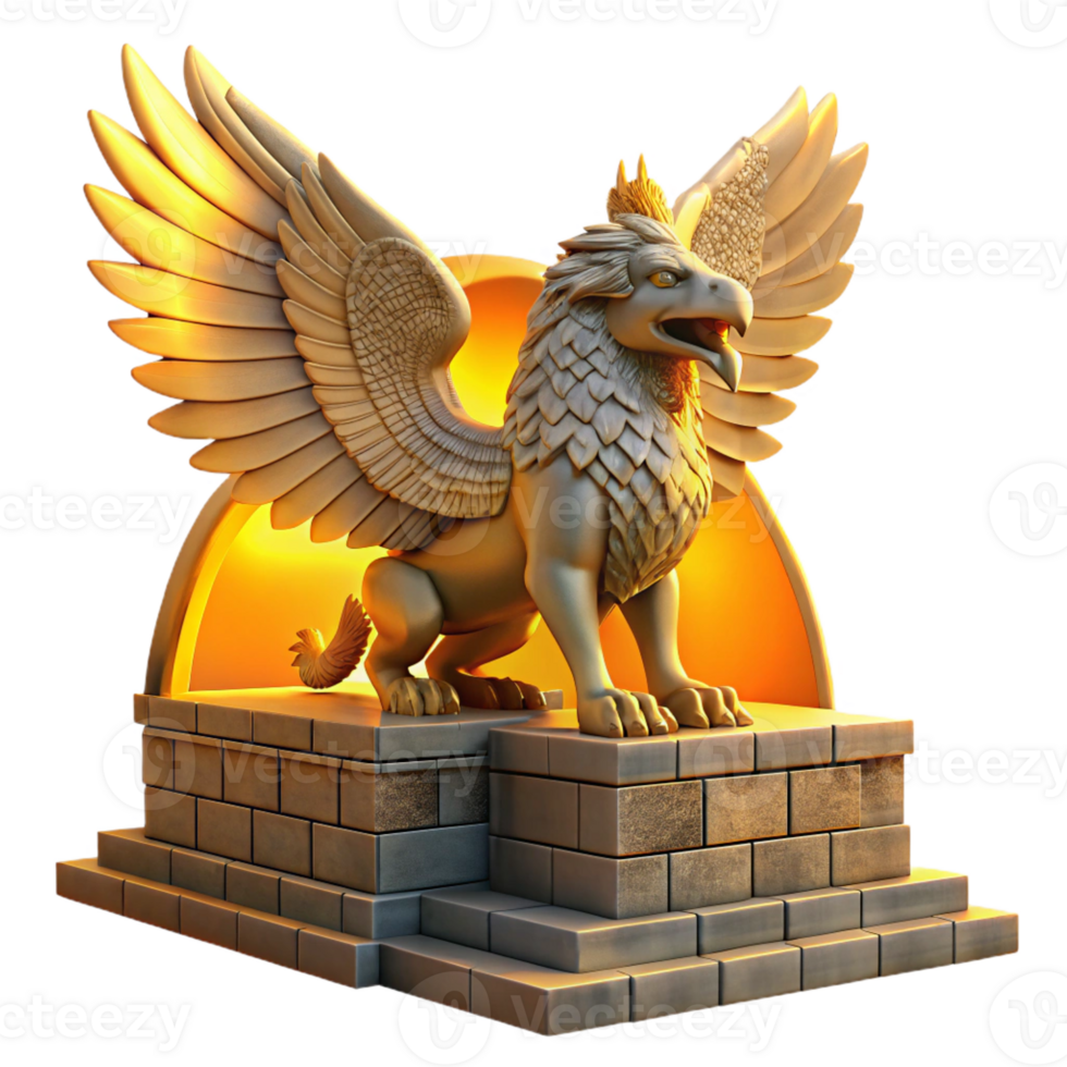 wonderful traditional A majestic griffin perched atop a crumbling ziggurat bathed in golden sunset light, Art Deco style genuine png