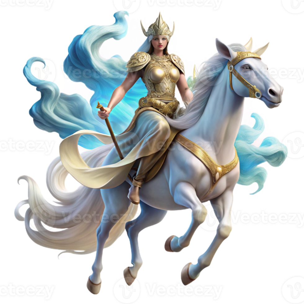 vibrant vintage A spectral Valkyrie with flowing white robes and a winged helmet riding a translucent eight-legged horse through a swirling nebula, digital painting professional png