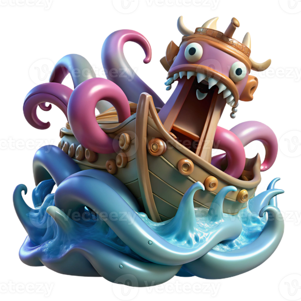 wonderful abstract A fearsome kraken attacking a ship, waves crashing around it, dramatic lighting, realistic style professional png