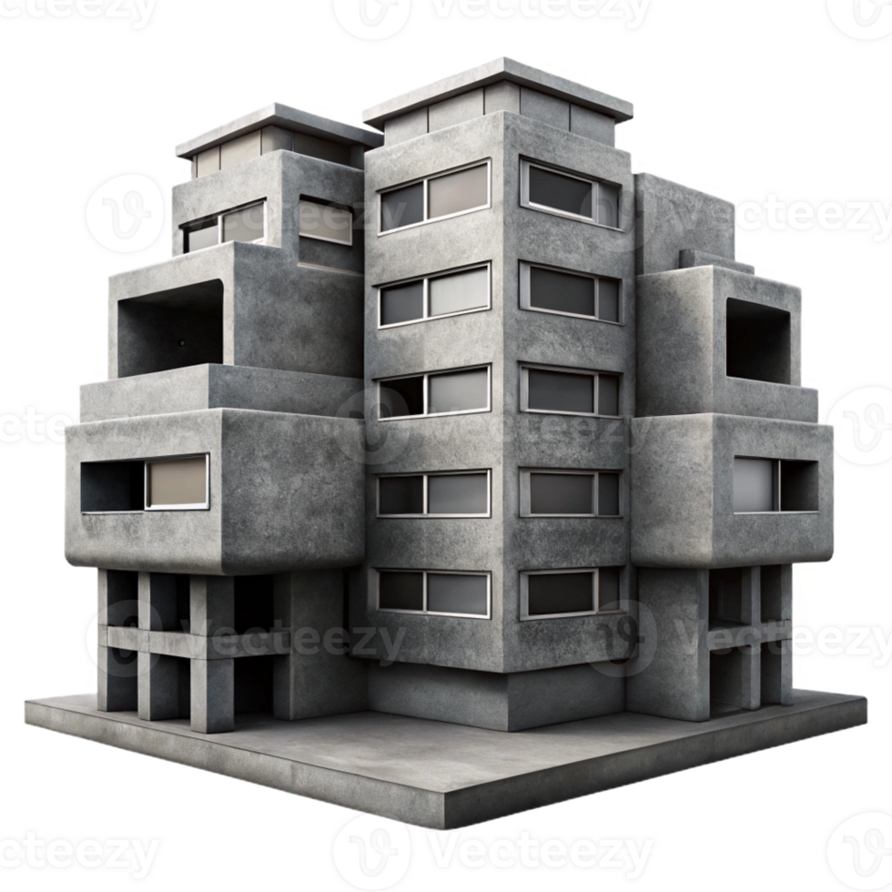 serene contemporary A brutalist concrete apartment complex, harsh shadows, high contrast black and white photography, gritty realism, high quality png
