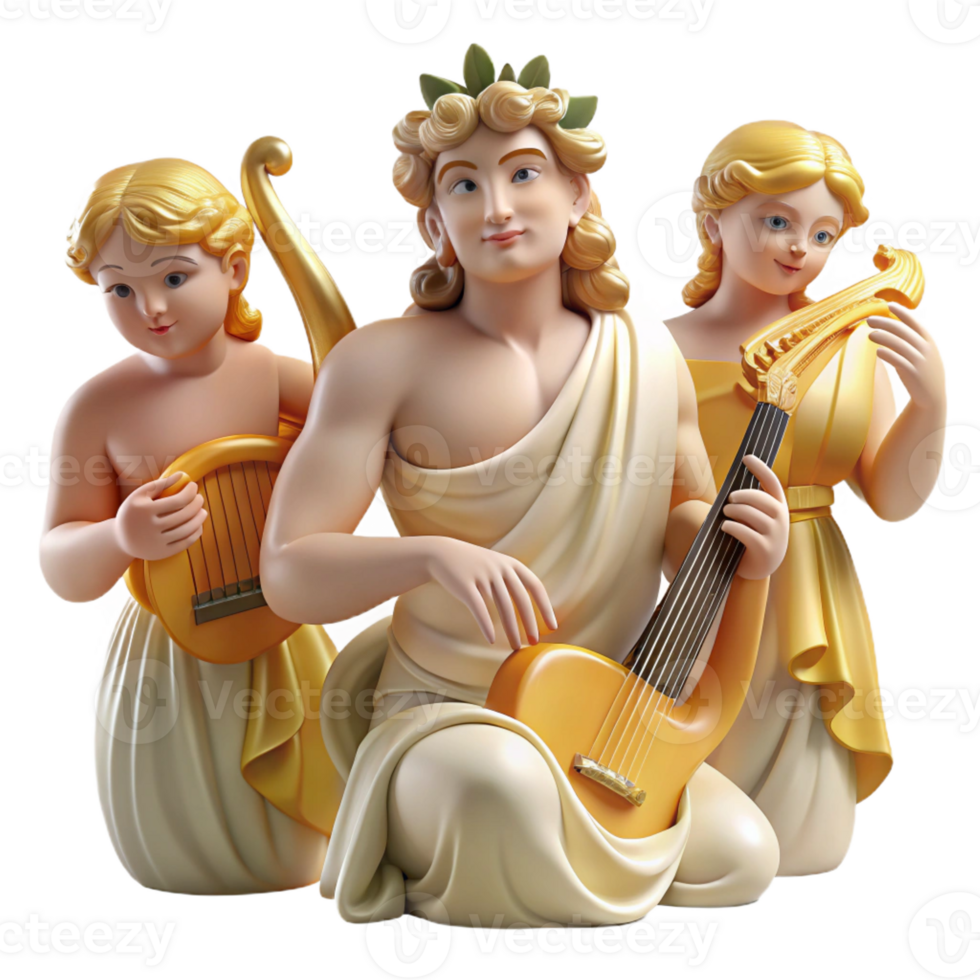 impressive classic The Greek god Apollo playing his lyre, surrounded by muses, soft golden light, Renaissance style high quality png