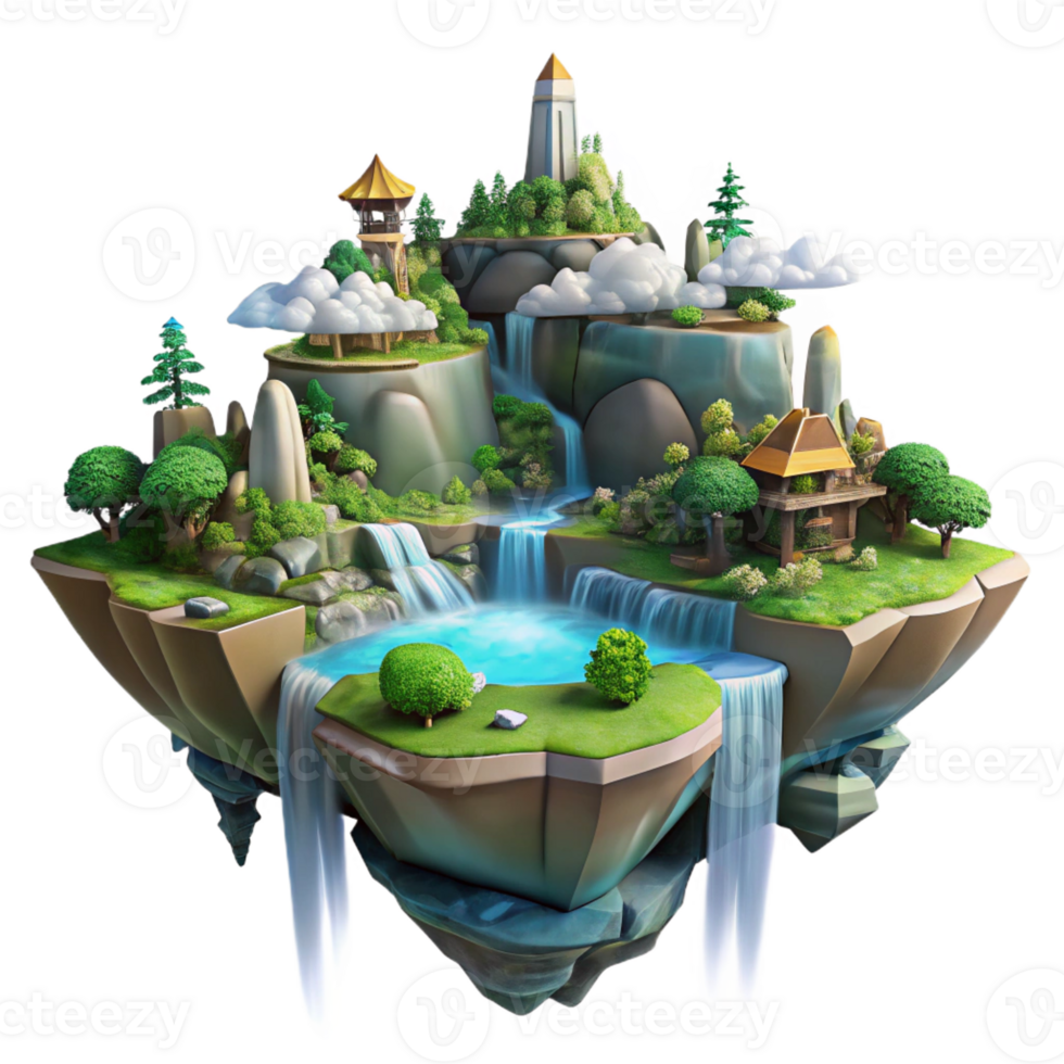 elegant rustic A floating island city, waterfalls cascading down the sides, lush vegetation, fantastical, magical style high resolution png