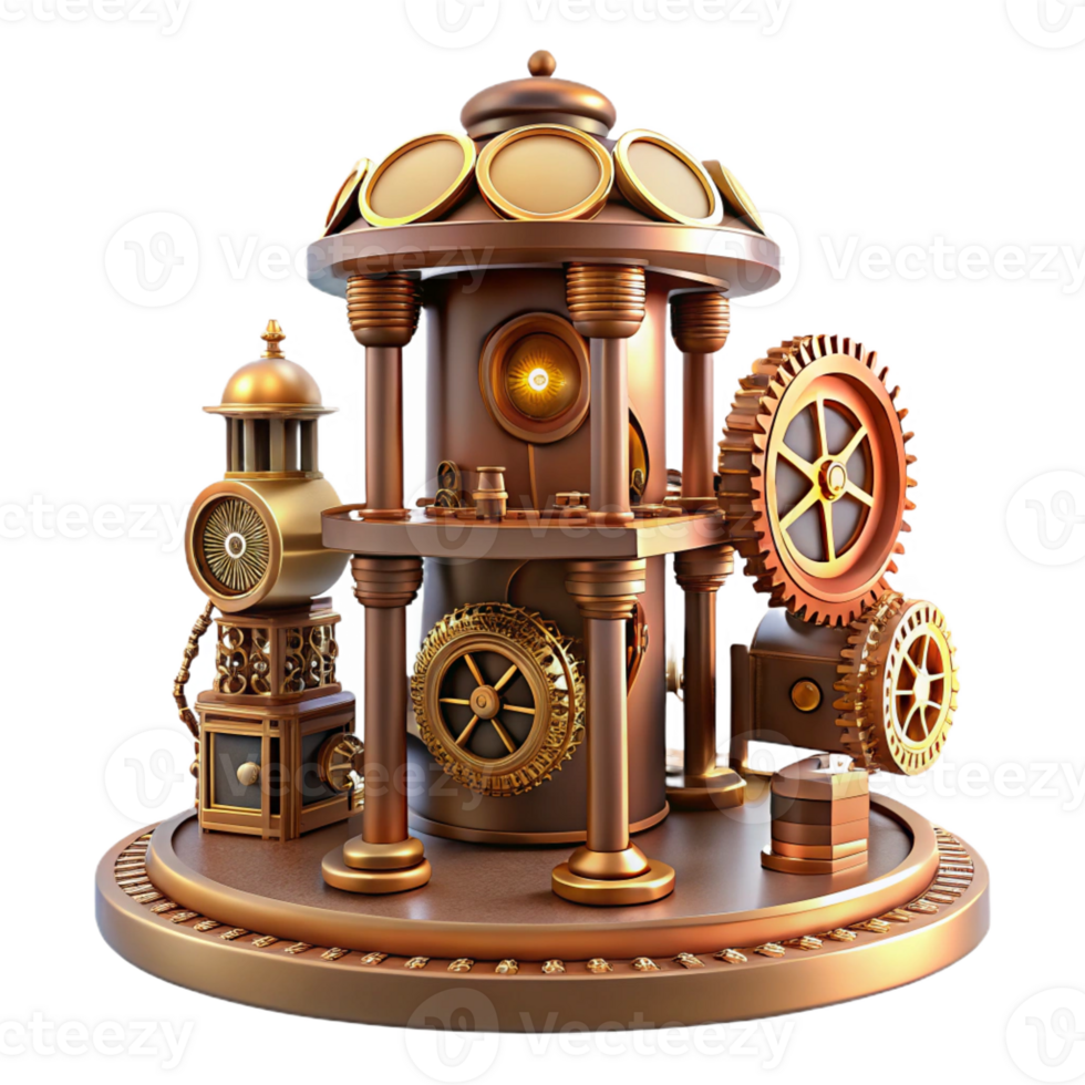 stunning rustic An intricate clockwork tower, steampunk style, gears and cogs visible, warm lighting, fantasy setting genuine png