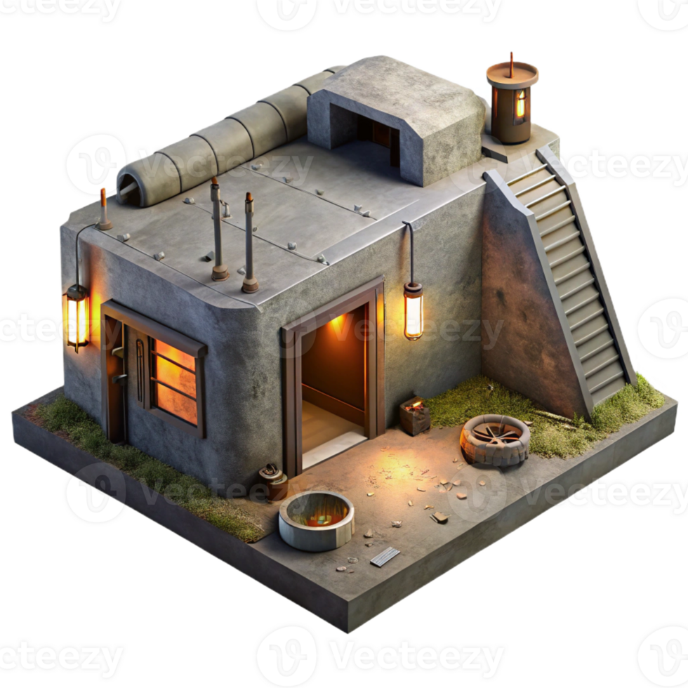 impressive contemporary Underground bunker, concrete walls, dim lighting, survivalist theme, post-apocalyptic setting, realistic rendering, high quality png