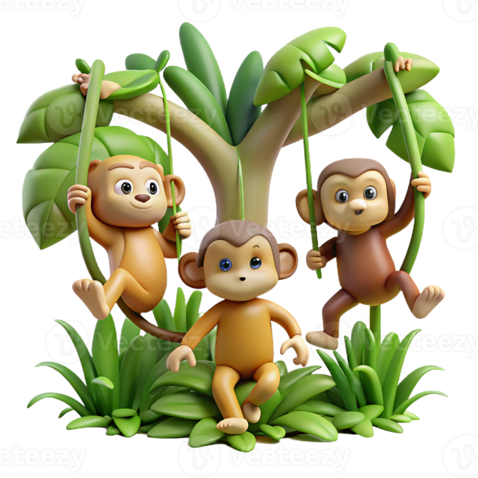 wonderful contemporary A group of playful monkeys swinging through the jungle, dynamic poses and lush green foliage, cartoon style detailed png