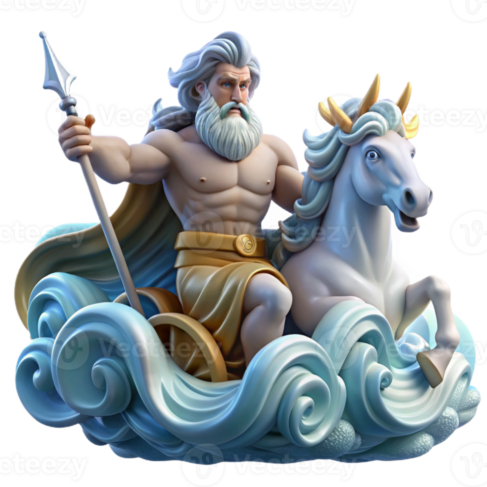 magnificent abstract Poseidon commanding a storm-tossed sea from his chariot pulled by hippocamps, waves crashing around him, lightning illuminating the scene, Romantic style premium png