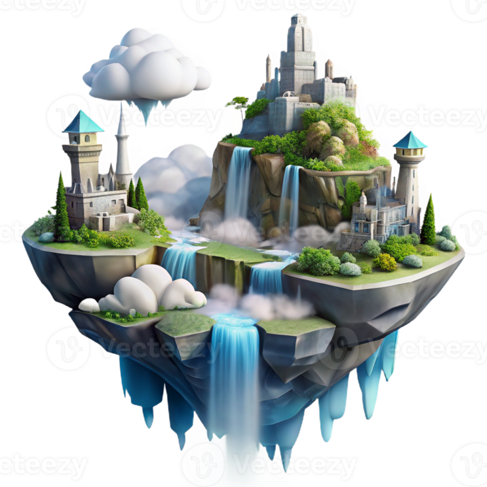 wonderful traditional A floating island city with waterfalls cascading down the sides, ethereal atmosphere, dreamlike quality, digital art, genuine png