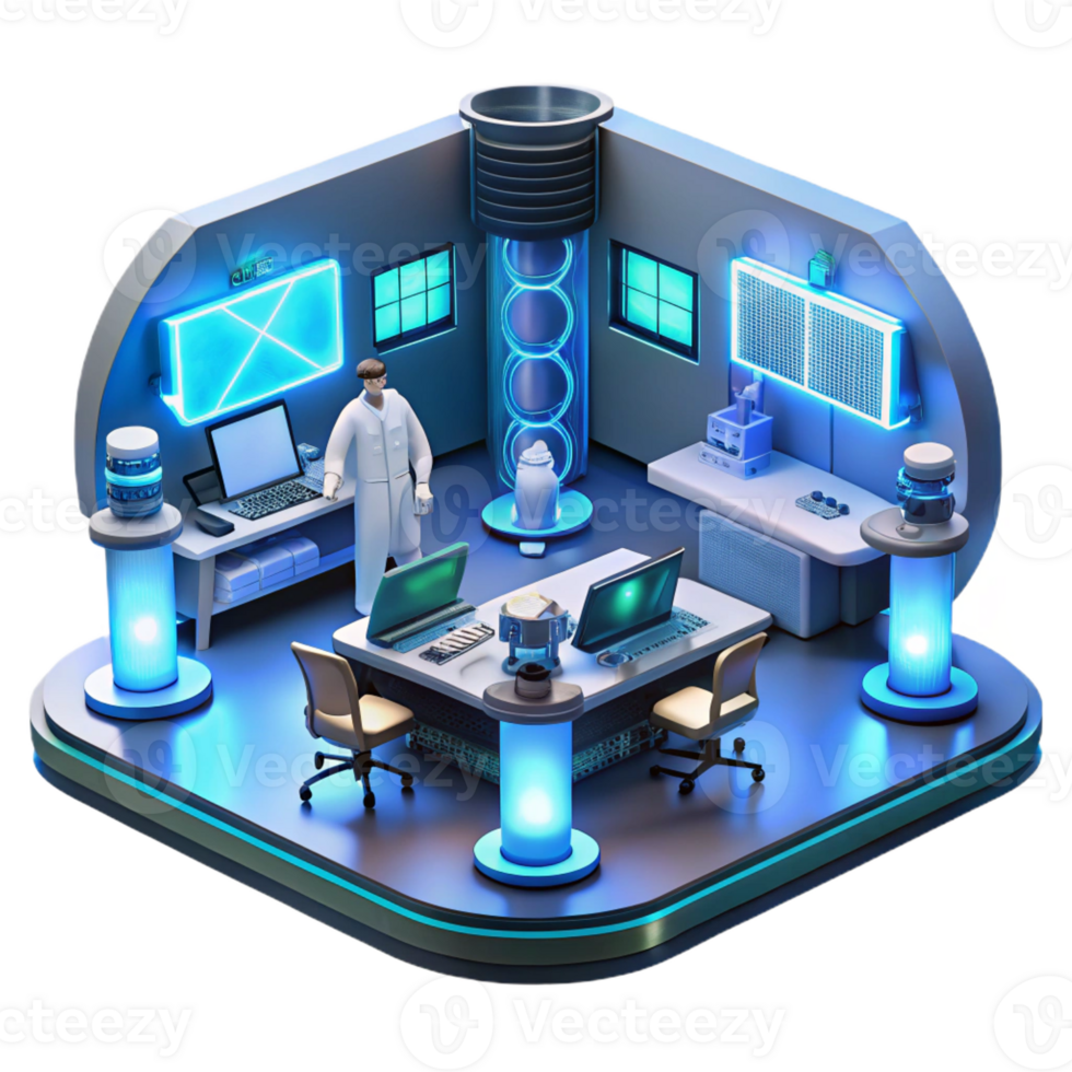 serene minimalist A futuristic laboratory filled with glowing screens and complex equipment, scientists working in the background, lit by cool blue and white lights premium png