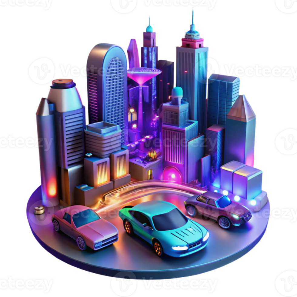 vibrant vintage A futuristic cityscape with flying cars and holographic advertisements, vibrant neon colors, cyberpunk style, night scene, ray tracing, professional png