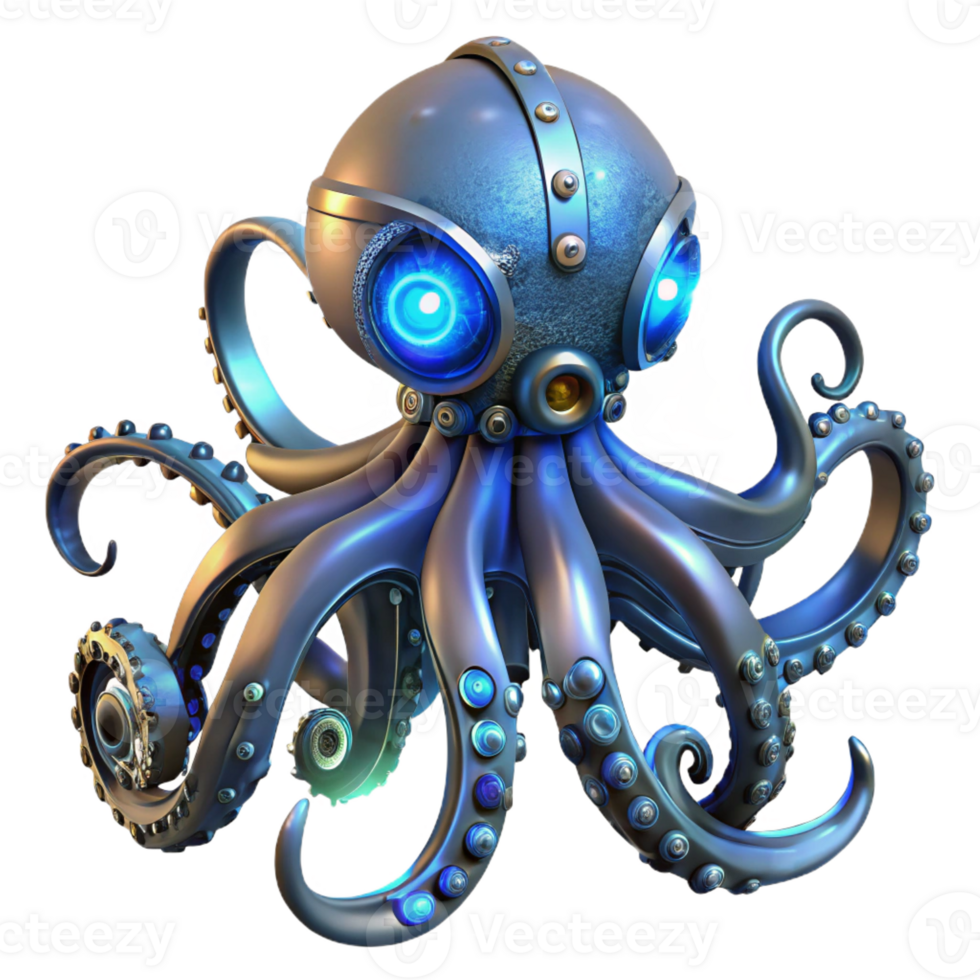 extraordinary modern A steampunk octopus with intricate mechanical tentacles, glowing bioluminescent ink, illuminated by a deep, ocean blue light 4K png