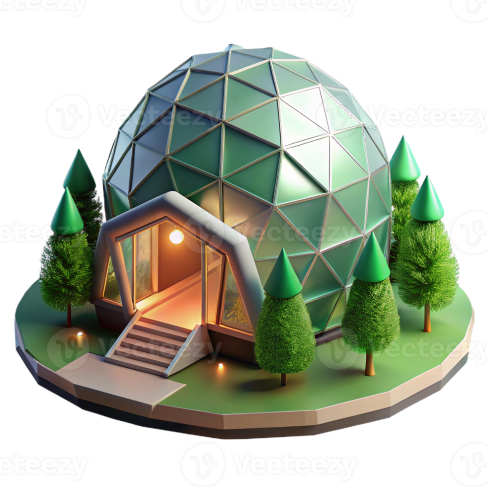 wonderful abstract A geodesic dome house nestled in a forest, soft green light filtering through the trees, eco-futurism style, high quality png