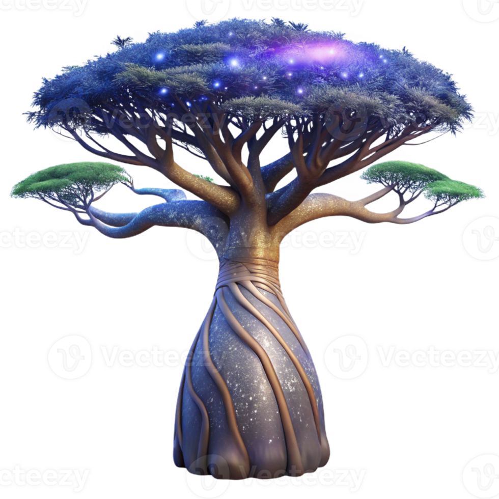 extraordinary rustic A colossal baobab tree with roots reaching into the starry cosmos, digital painting style, cosmic horror lighting high resolution png