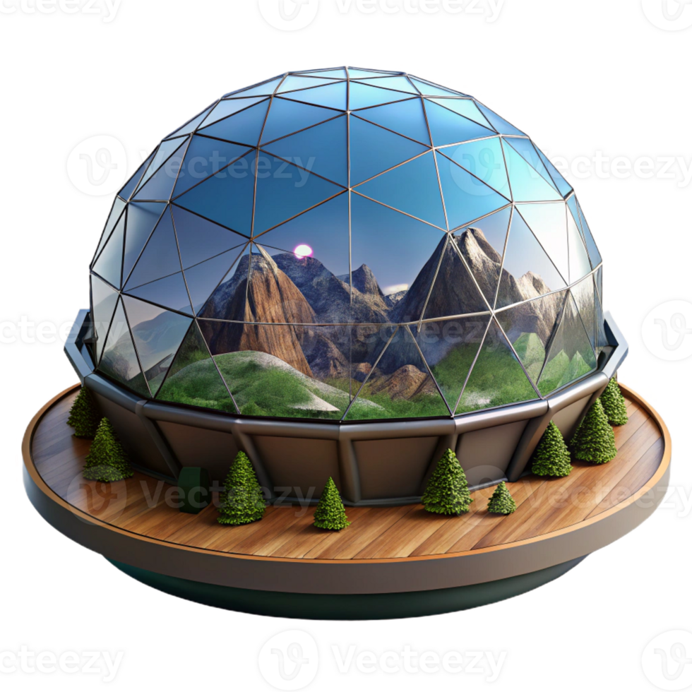 elegant artistic Floating geodesic dome, transparent panels, panoramic mountain view, futuristic, authentic png