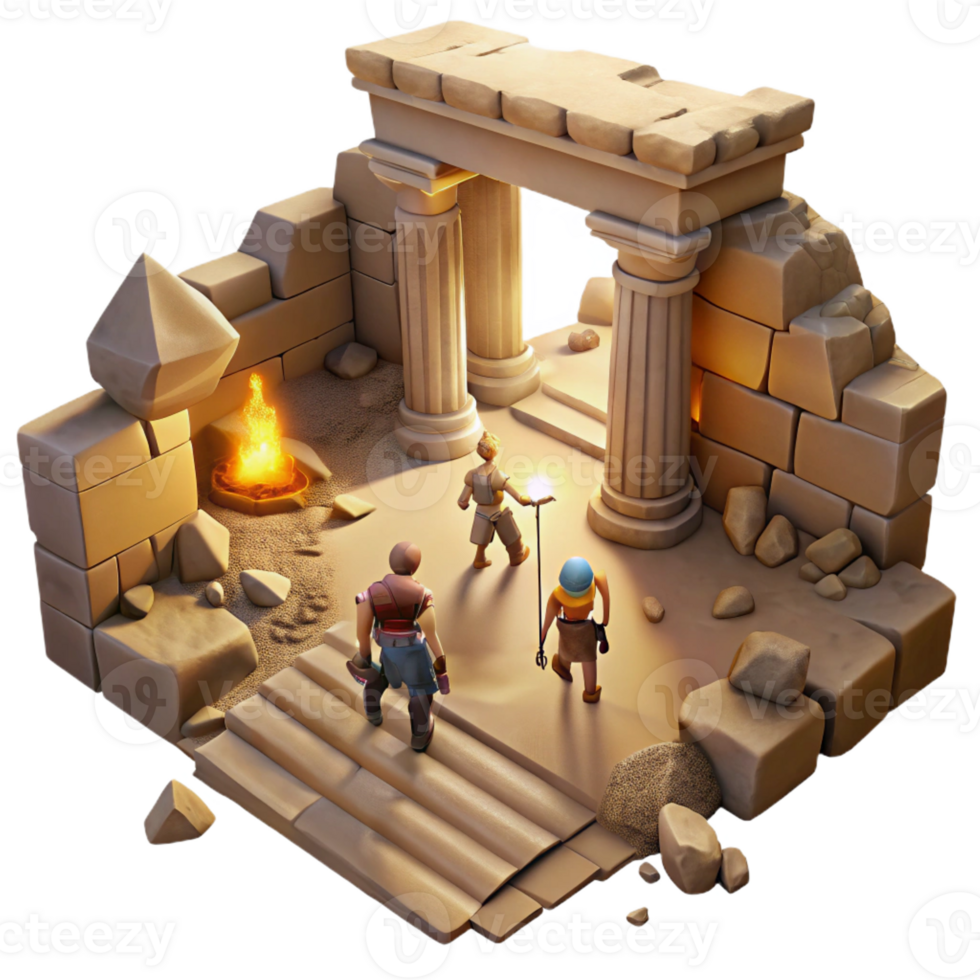 serene minimalist A group of adventurers exploring a forgotten temple, dusty sunlight streaming through cracks, pulp adventure style authentic png