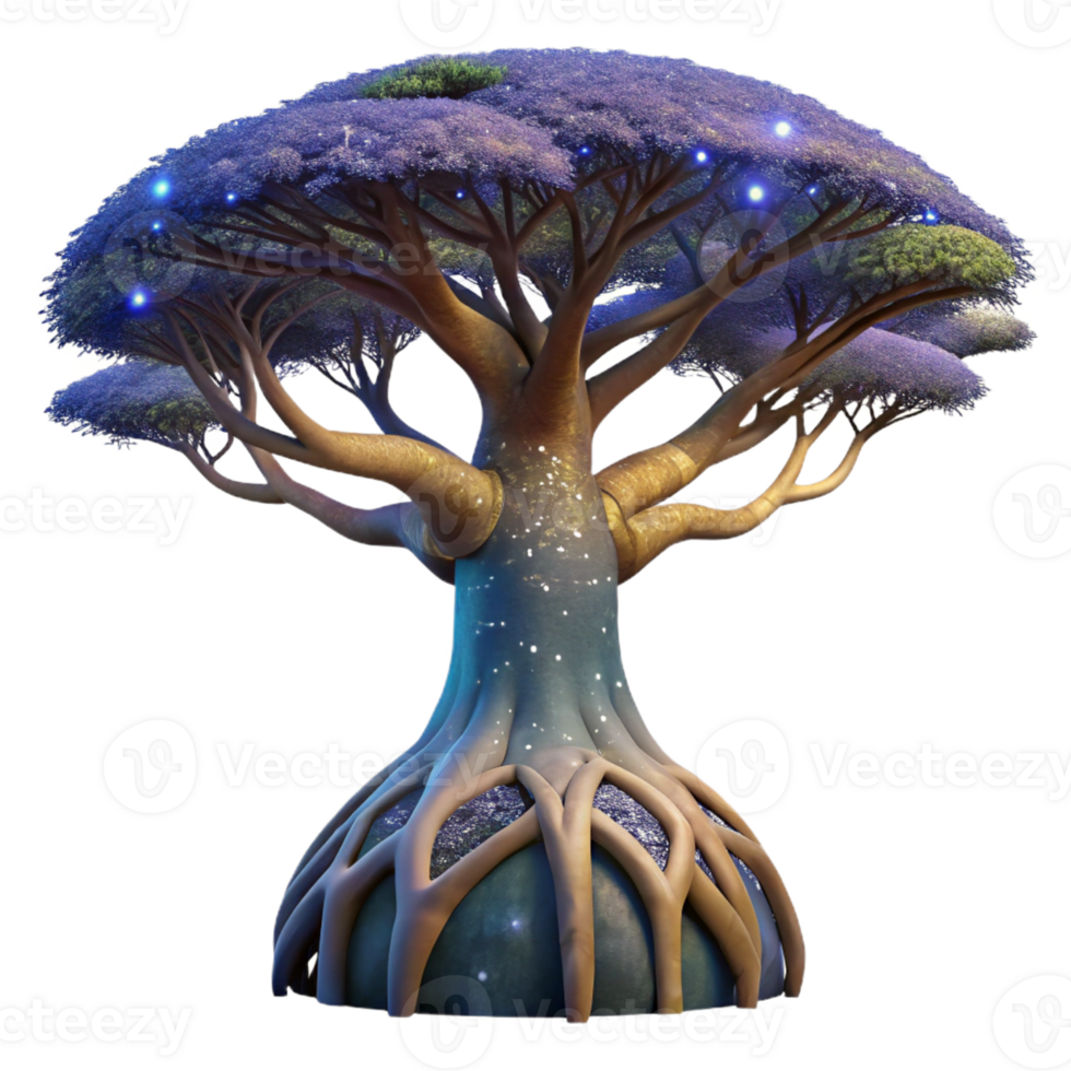 vibrant minimalist A colossal baobab tree with roots reaching into the starry cosmos, digital painting style, cosmic horror lighting detailed png